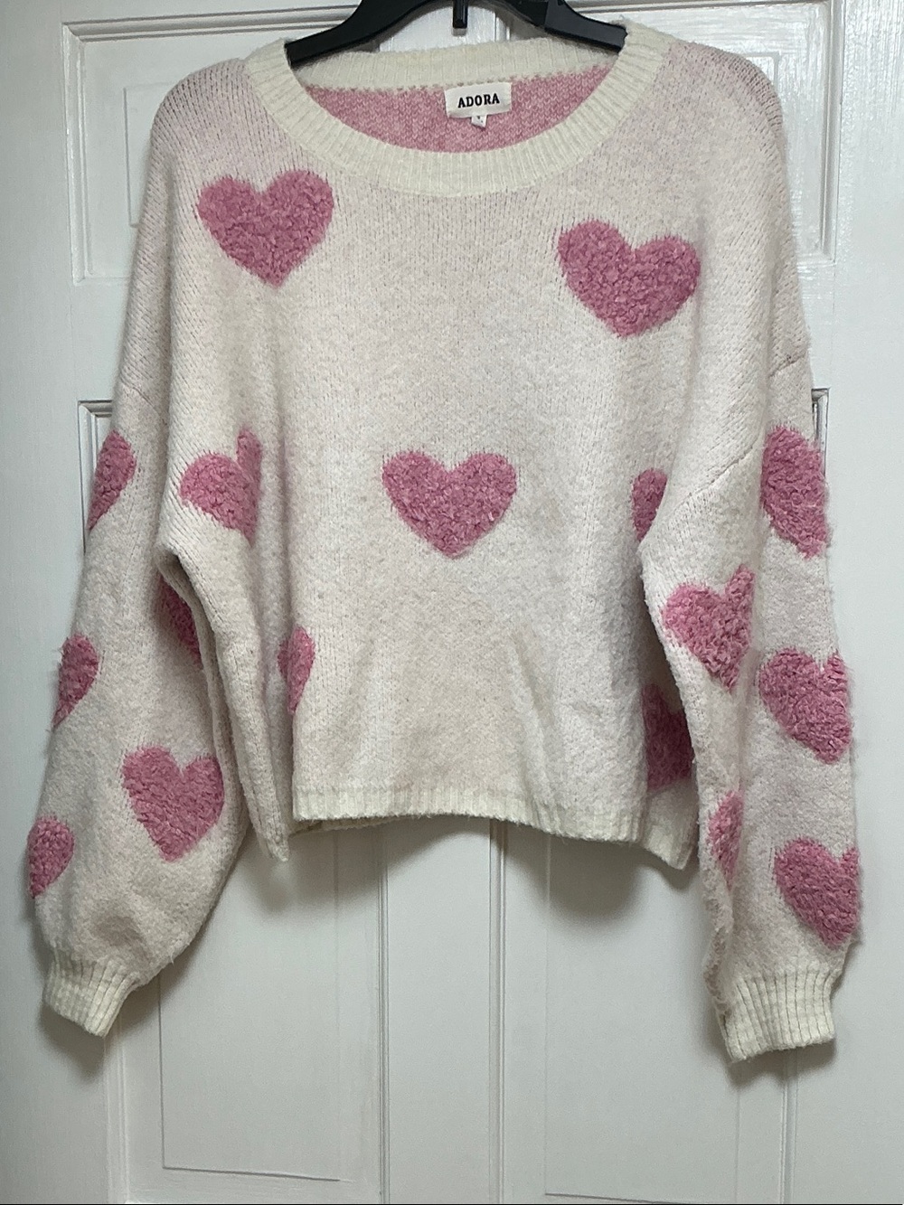 Adora Cream Sweater with Pink Heart Pattern-Oversized S (see measurements)